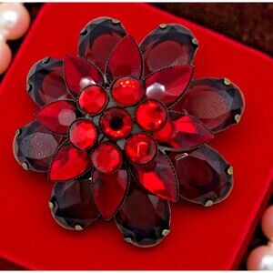 Jeweled Flower Brooch Vintage Large Tiered Red Statement Estate Jewelry Pin